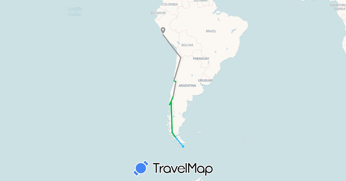 TravelMap itinerary: bus, plane, boat in Chile, Peru (South America)