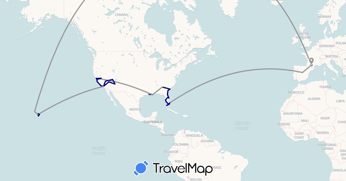 TravelMap itinerary: driving, plane in Spain, France, United States (Europe, North America)
