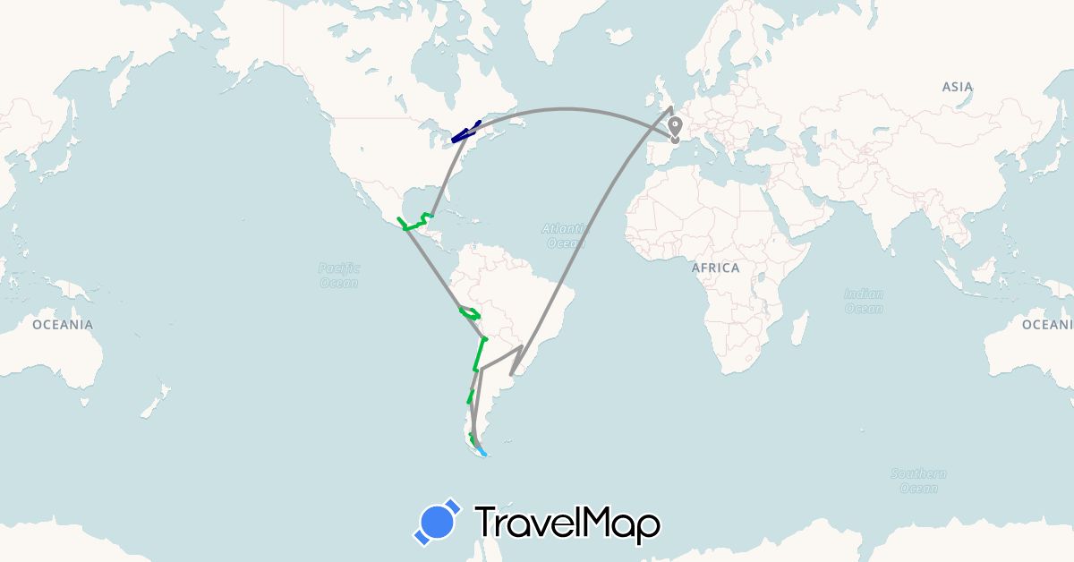 TravelMap itinerary: driving, bus, plane, hiking, boat in Argentina, Canada, Chile, France, United Kingdom, Mexico, Peru, United States (Europe, North America, South America)