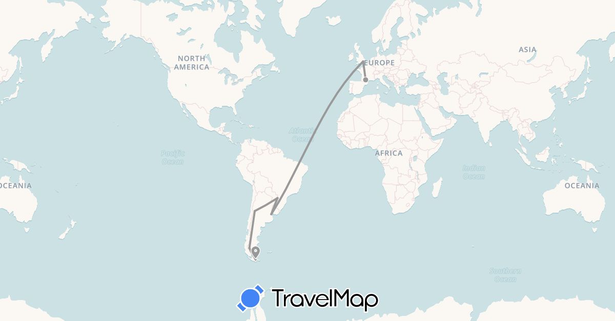 TravelMap itinerary: driving, plane in Argentina, France, United Kingdom (Europe, South America)